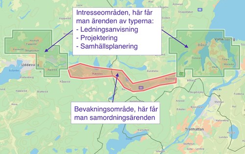 Bilden visar 2 intresseområden förbundna med ett bevakningsområde.