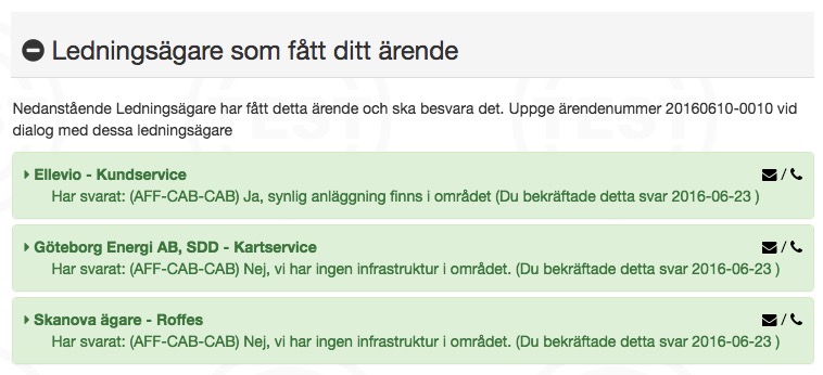 Det finns en kontaktikon bredvid ledningsägarens svar som jag kan använda för att få kontaktinformation till ledningsägaren.