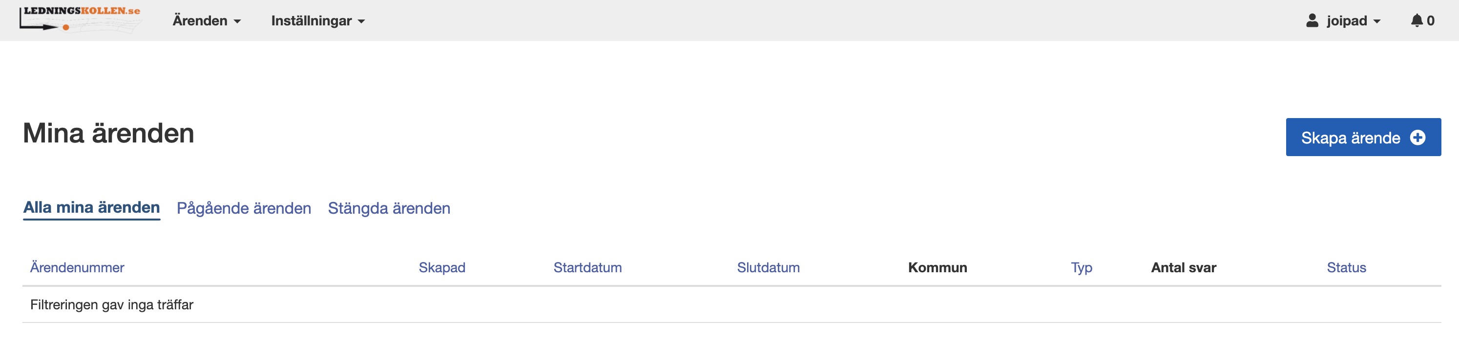 Här ser du dina ärenden. Du kan filtrera dina ärenden. Högst upp till höger finns en knapp för att skapa ett nytt ärende.