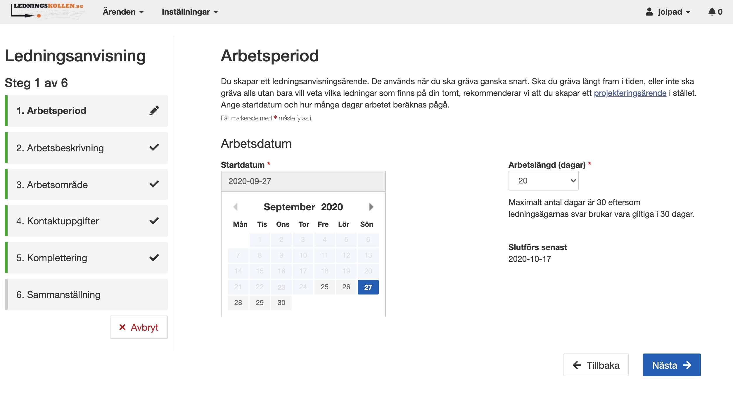 Här anger jag när mitt arbete ska gälla. En kalender är placerad i mitten av sidan.