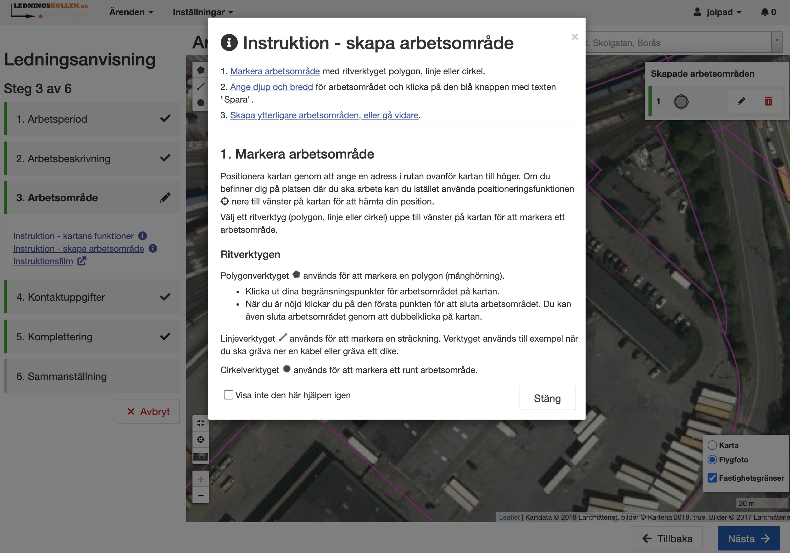 En hjälpruta visas första gången du besöker sidan. Du kan klicka på stegindikatorn i vänster för att öppna den igen.