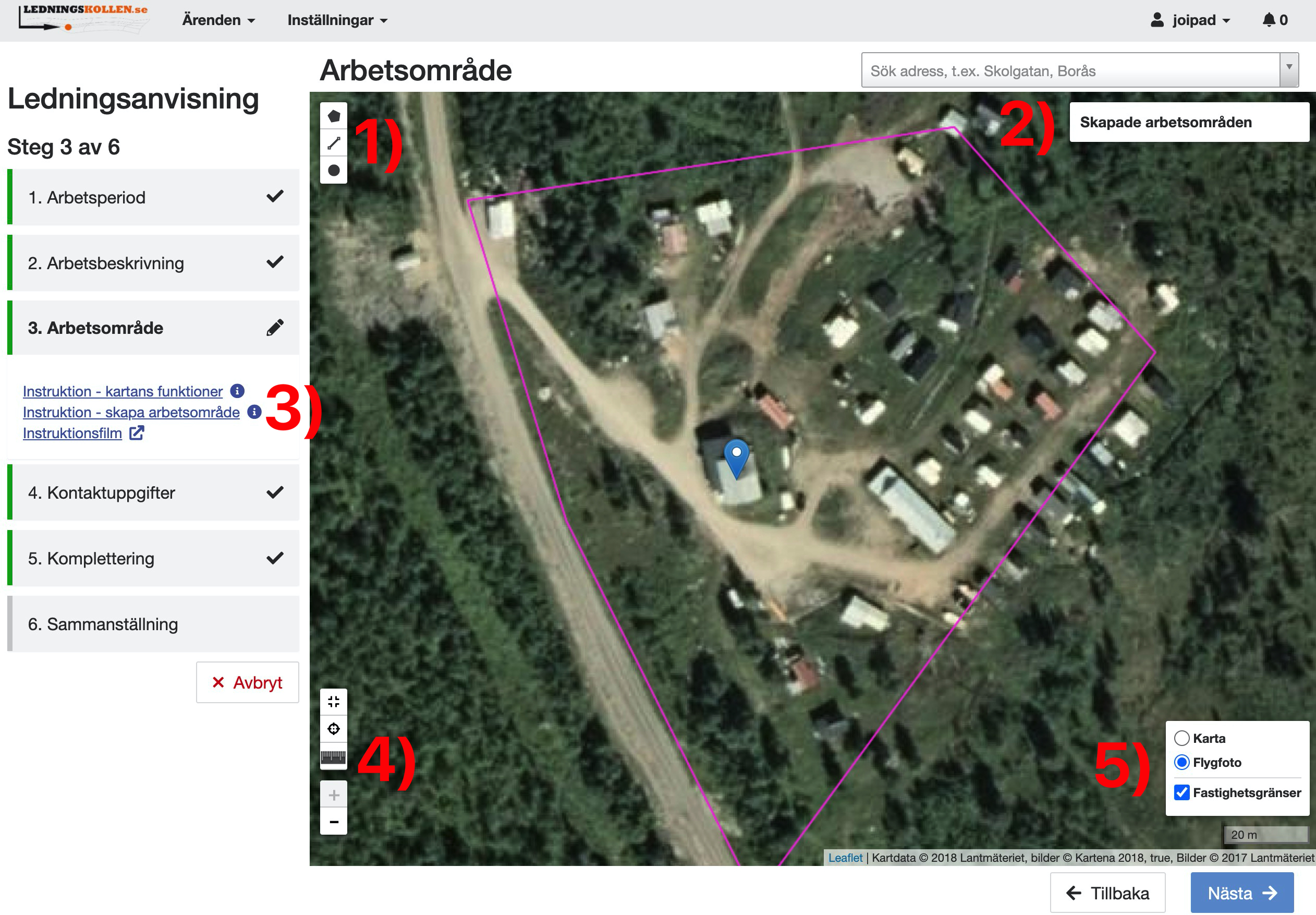 Skärmdump som beskriver kartans funktioner. Olika siffror i skärmdumpen beskriver olika funktioner.