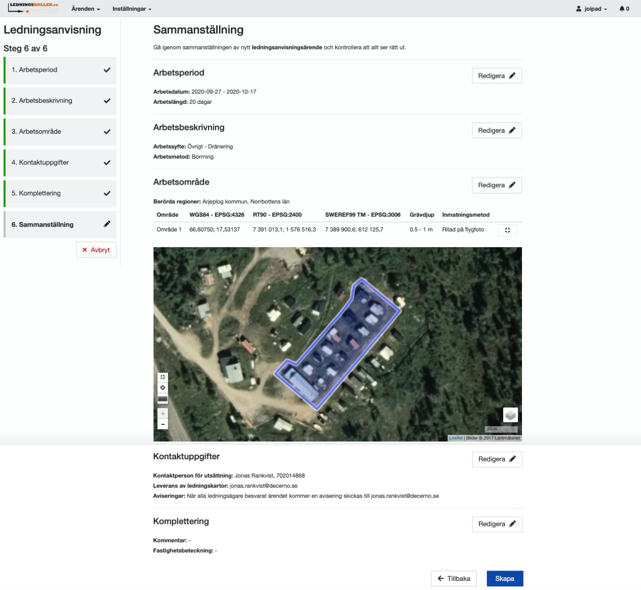 På sidan kan användaren redigera information som tidigare angivits genom att klicka på knappen "Redigera".